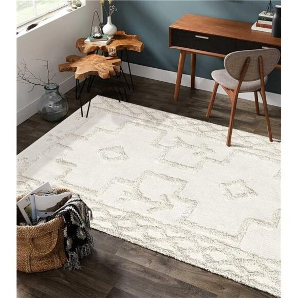 Uphome Boho Washable Rug 4' x 6', Beige Cotton Farmhouse Living Room Rugs - Picture 6 of 7